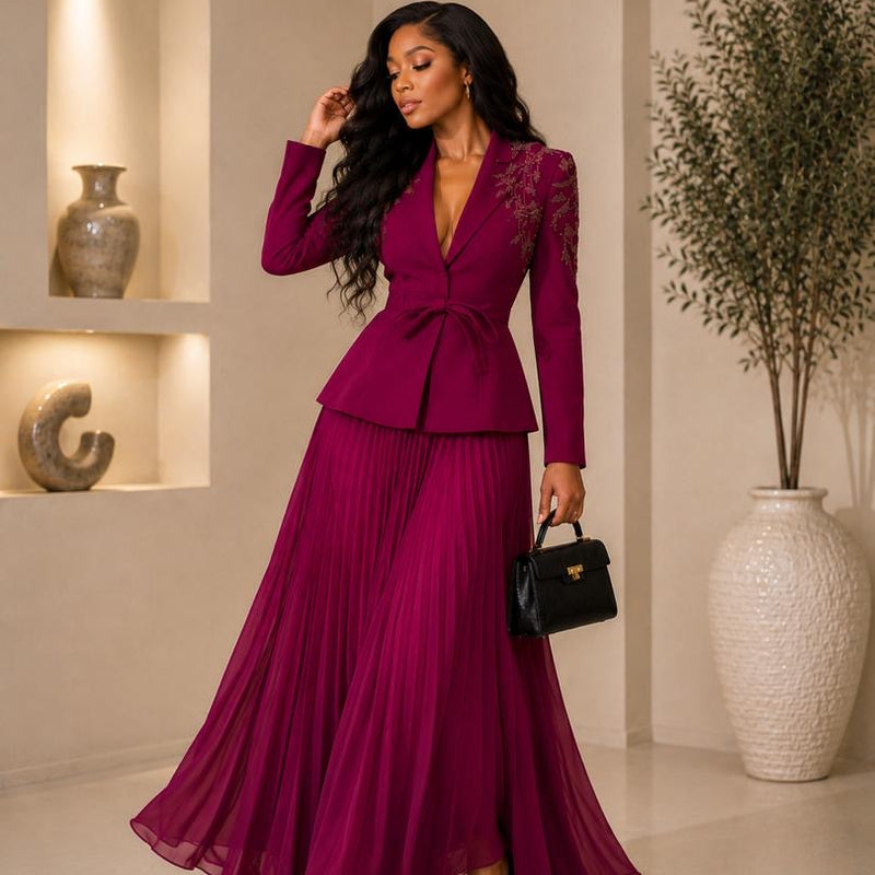 Symphony Embellished Blazer & Pleated Maxi Skirt Set