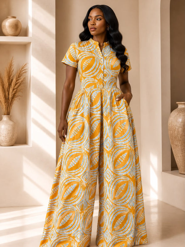 Lola Adire Wide Leg Flowy Jumpsuit- Aso Elan