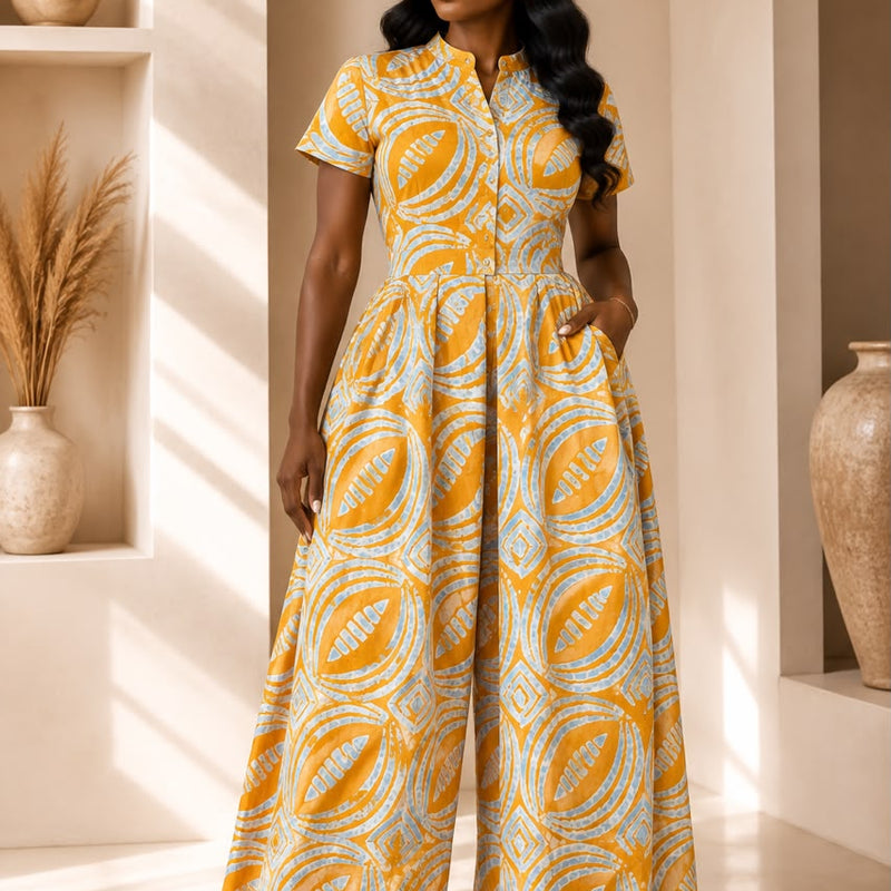 Lola Adire Wide Leg Flowy Jumpsuit- Aso Elan