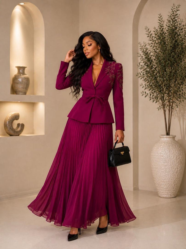 Symphony Embellished Blazer & Pleated Maxi Skirt Set
