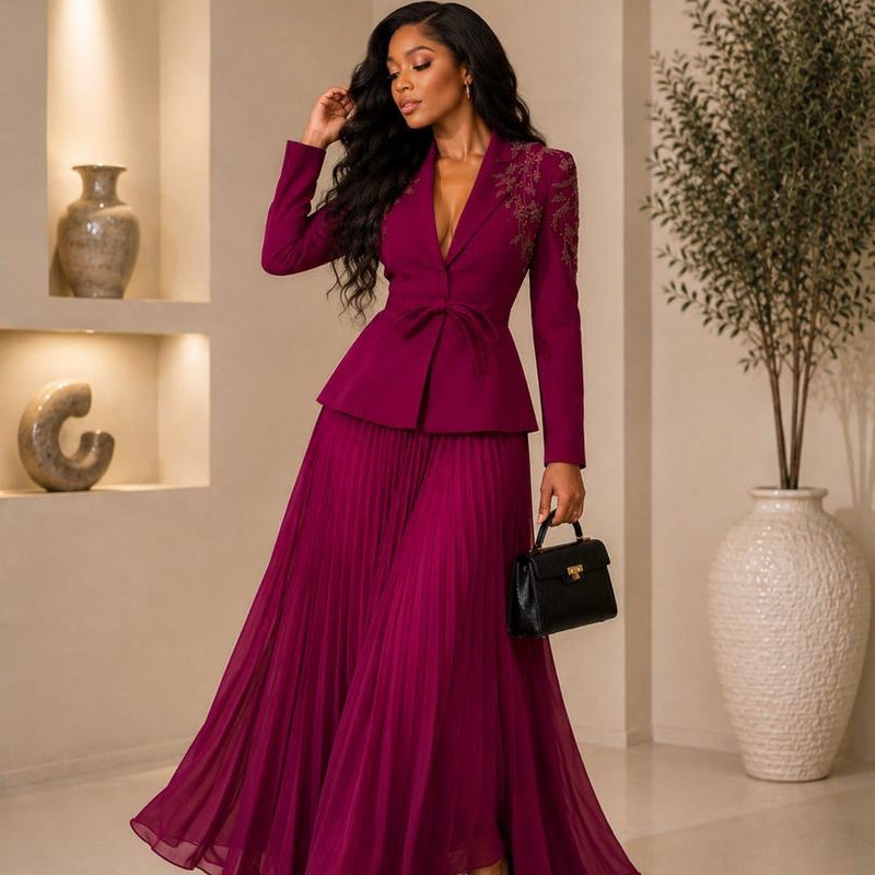 Symphony Embellished Blazer & Pleated Maxi Skirt Set