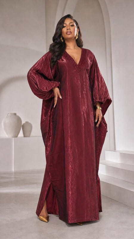 Achalugo Boubou Kaftan | Luxury Silk African Maxi Dress, Embellished Neckline