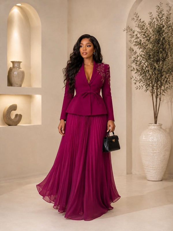 Symphony Embellished Blazer & Pleated Maxi Skirt Set
