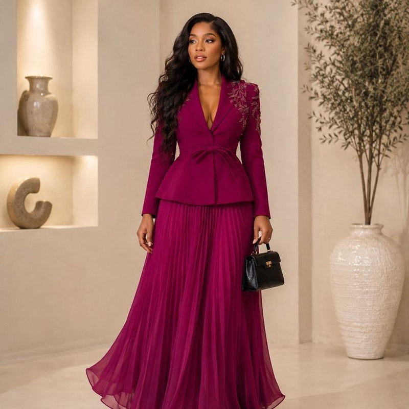 Symphony Embellished Blazer & Pleated Maxi Skirt Set