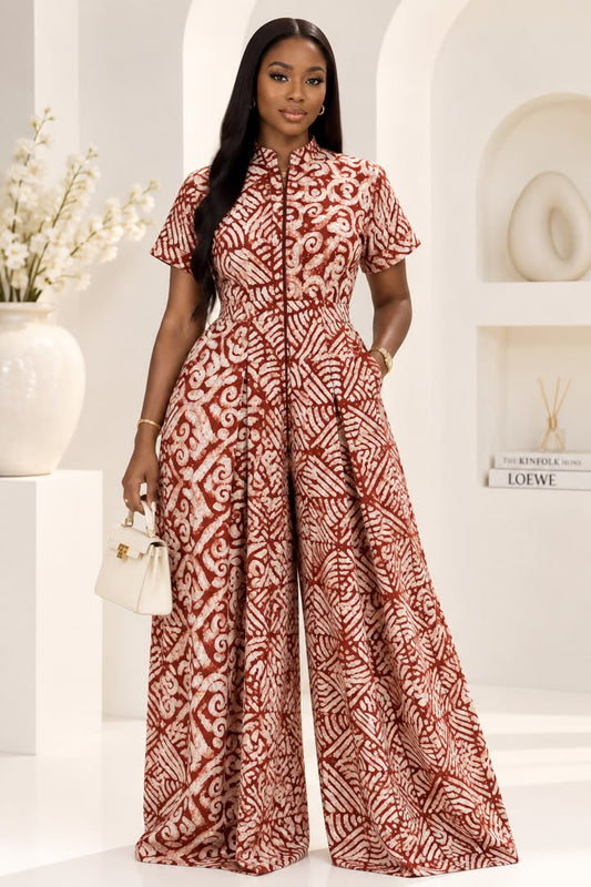 Lola Adire Wide Leg Flowy Jumpsuit- Aso Elan