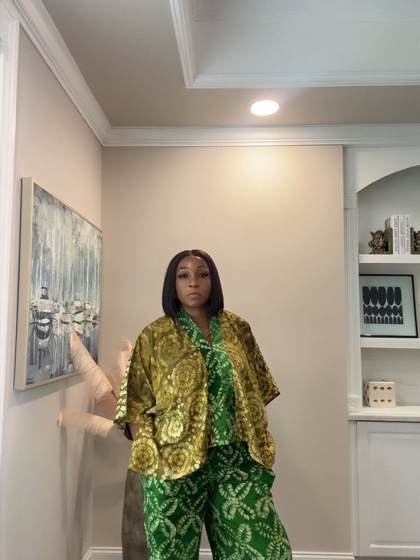 Akua Adire 2-Piece Pant Set with Kimono – African Print Wide Leg Pants & Layered Top Set for Women