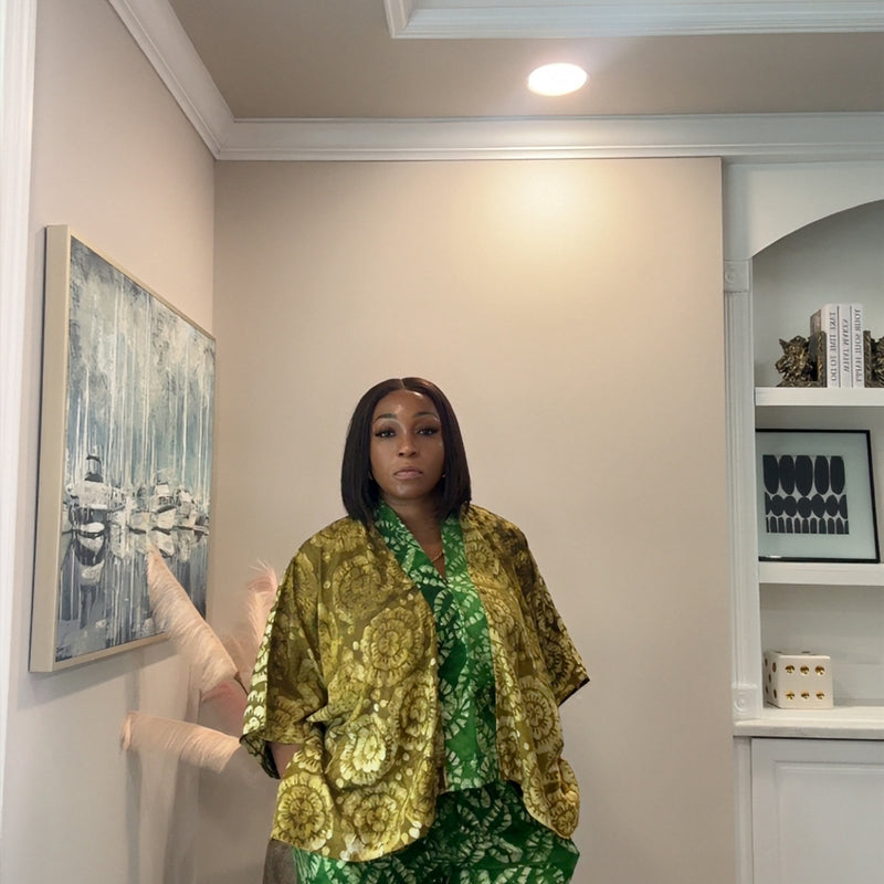 Akua Adire 2-Piece Pant Set with Kimono – African Print Wide Leg Pants & Layered Top Set for Women
