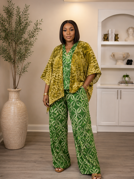 Akua Adire 2-Piece Pant Set with Kimono – African Print Wide Leg Pants & Layered Top Set for Women