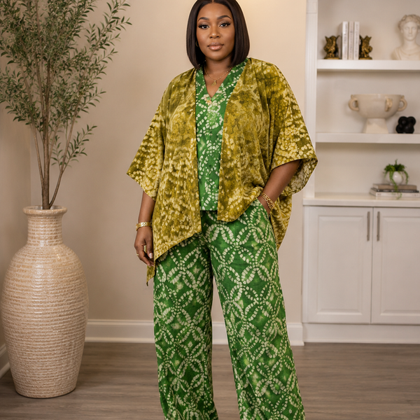 Akua Adire 2-Piece Pant Set with Kimono – African Print Wide Leg Pants & Layered Top Set for Women