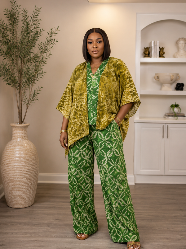 Akua Adire 2-Piece Pant Set with Kimono – African Print Wide Leg Pants & Layered Top Set for Women