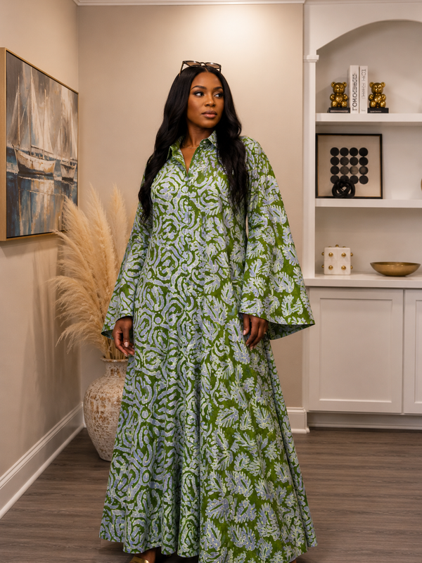 Elle Adire Shirt Dress – Luxury Hand-Dyed Silk Batik Button-Down Dress