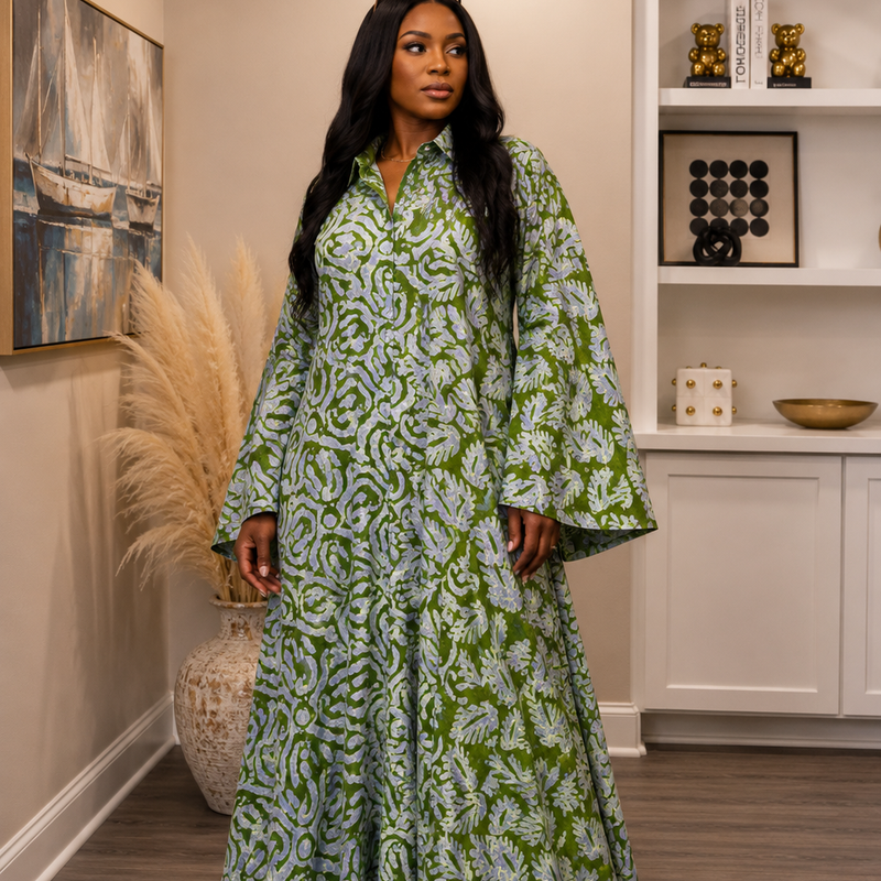 Elle Adire Shirt Dress – Luxury Hand-Dyed Silk Batik Button-Down Dress