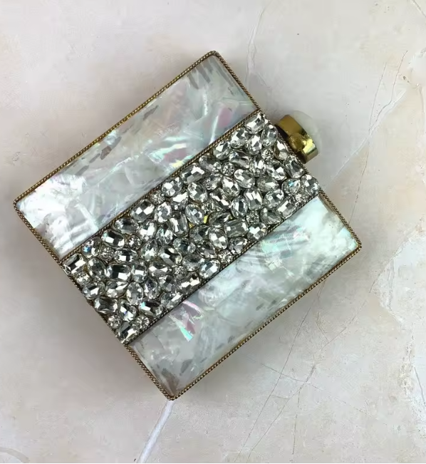 ASÓ ÉLAN MOTHER OF PEARL & CRYSTAL EVENING CLUTCH – LUXURY STATEMENT PURSE FOR SPECIAL OCCASION