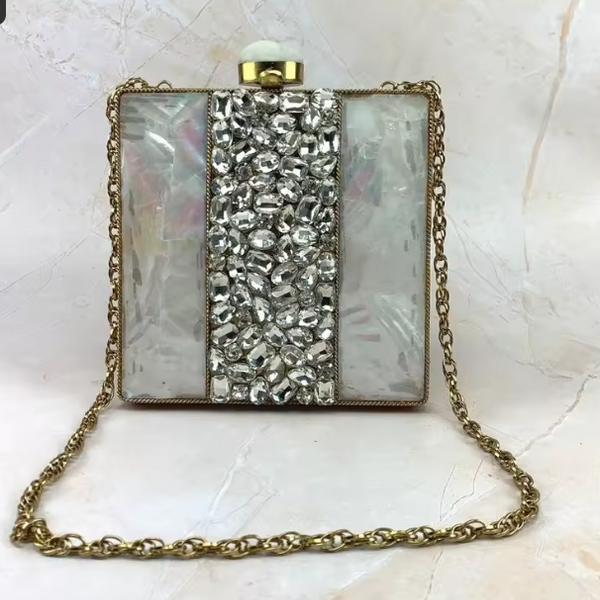 ASÓ ÉLAN MOTHER OF PEARL & CRYSTAL EVENING CLUTCH – LUXURY STATEMENT PURSE FOR SPECIAL OCCASION