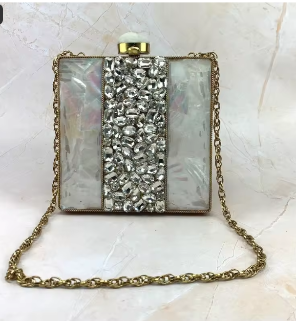 ASÓ ÉLAN MOTHER OF PEARL & CRYSTAL EVENING CLUTCH – LUXURY STATEMENT PURSE FOR SPECIAL OCCASION