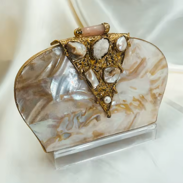ASÓ ÉLAN LUXE MOTHER OF PEARL & RAW GEMSTONE CLUTCH – SCULPTED SHELL EVENING PURSE