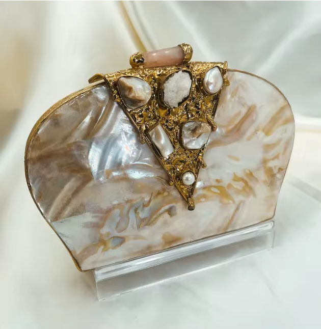 ASÓ ÉLAN LUXE MOTHER OF PEARL & RAW GEMSTONE CLUTCH – SCULPTED SHELL EVENING PURSE