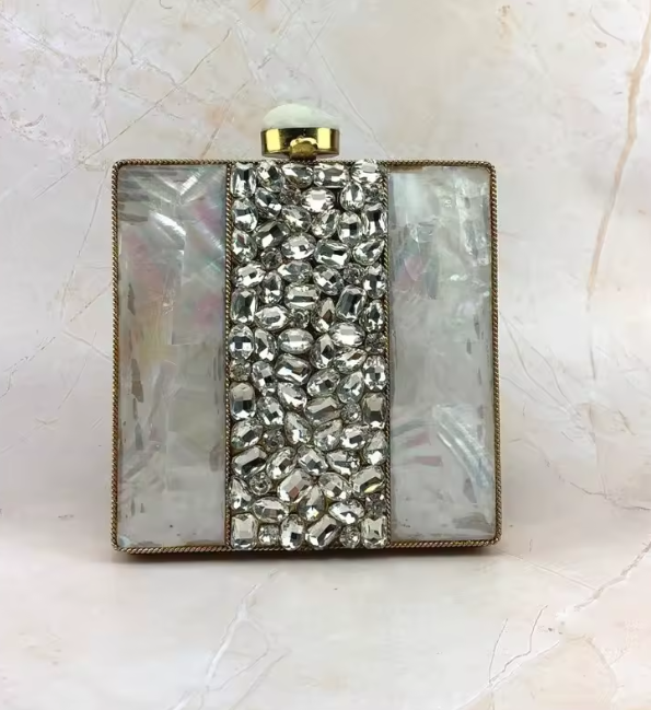 ASÓ ÉLAN MOTHER OF PEARL & CRYSTAL EVENING CLUTCH – LUXURY STATEMENT PURSE FOR SPECIAL OCCASION