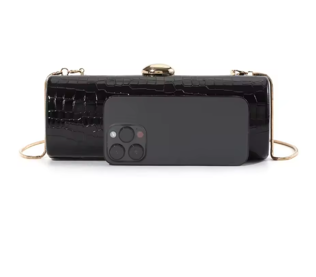 ASÓ ÉLAN CROC-EMBOSSED LUXE CYLINDER CLUTH – BLACK PATENT