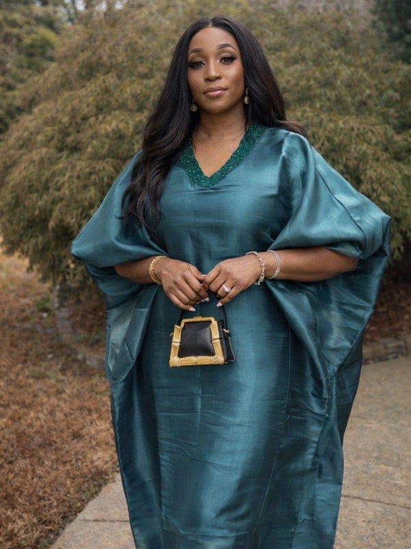 Achalugo Boubou Kaftan | Luxury Silk African Maxi Dress, Embellished Neckline