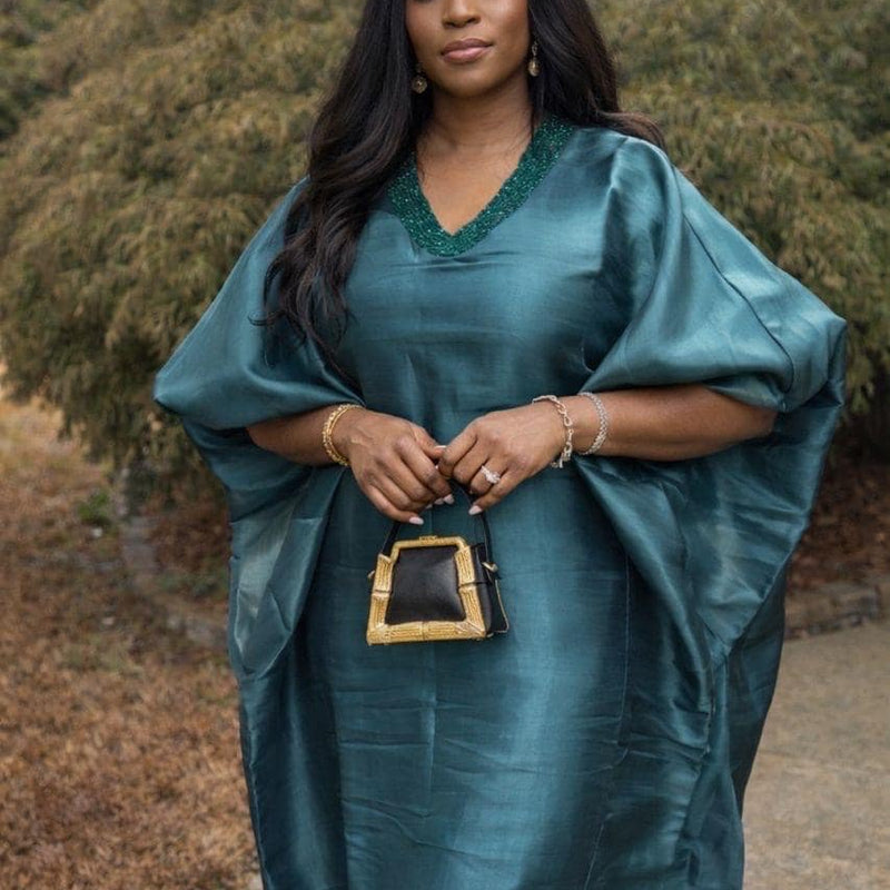Achalugo Boubou Kaftan | Luxury Silk African Maxi Dress, Embellished Neckline