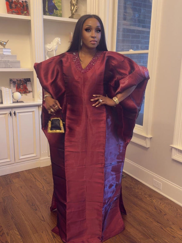 Achalugo Boubou Kaftan | Luxury Silk African Maxi Dress, Embellished Neckline
