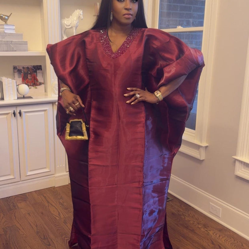 Achalugo Boubou Kaftan | Luxury Silk African Maxi Dress, Embellished Neckline