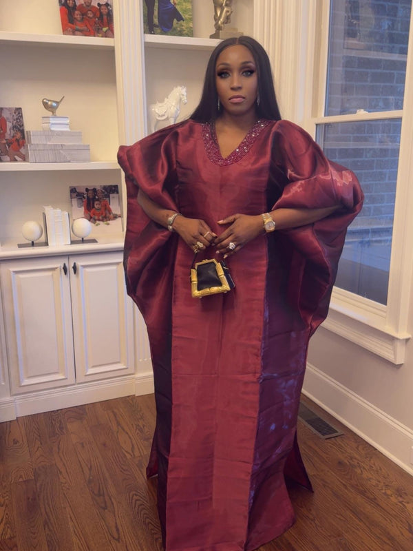 Achalugo Boubou Kaftan | Luxury Silk African Maxi Dress, Embellished Neckline
