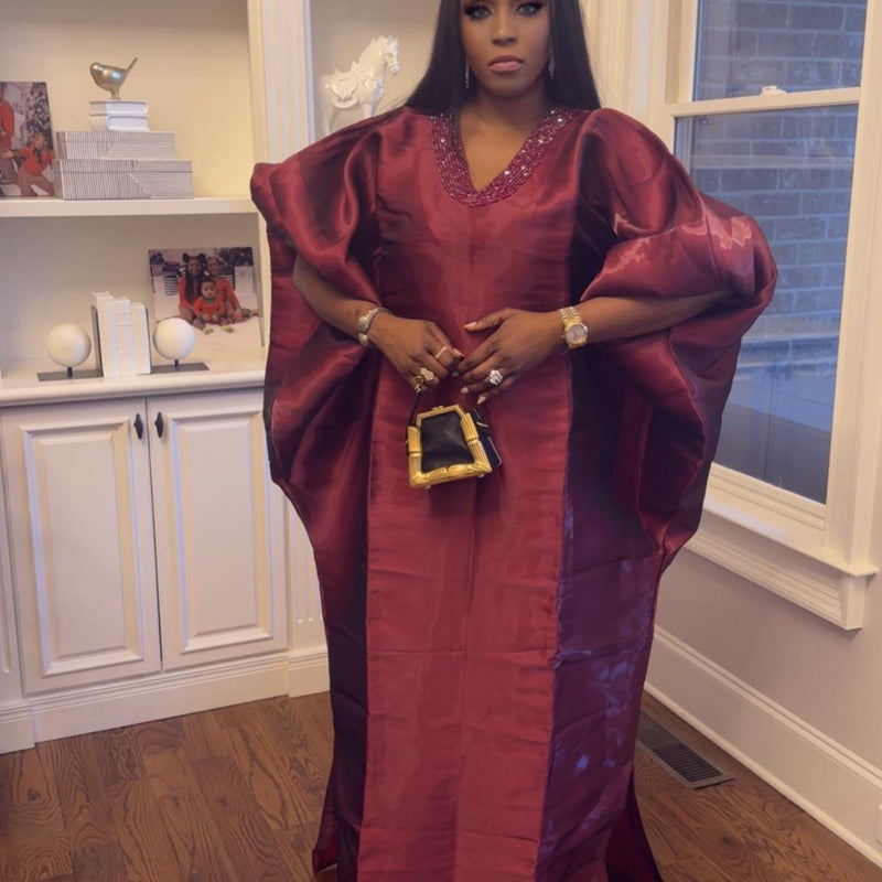 Achalugo Boubou Kaftan | Luxury Silk African Maxi Dress, Embellished Neckline