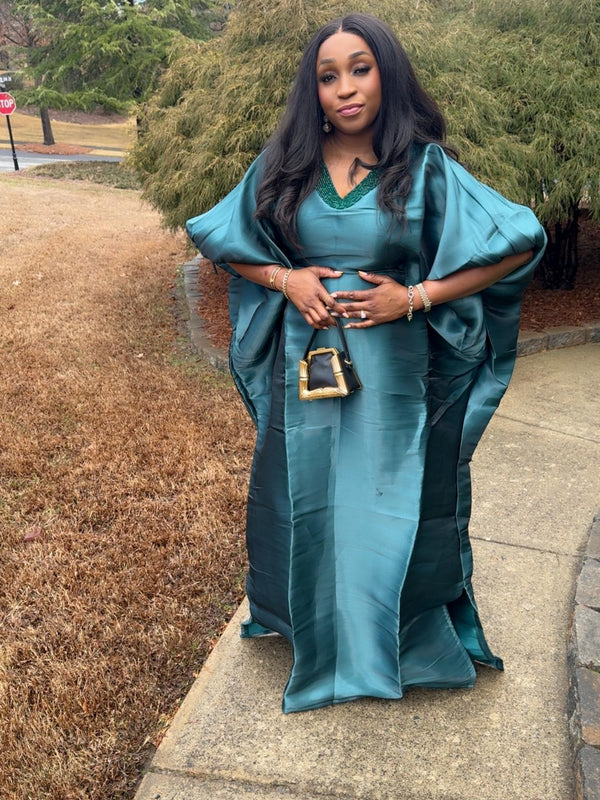 Achalugo Boubou Kaftan | Luxury Silk African Maxi Dress, Embellished Neckline
