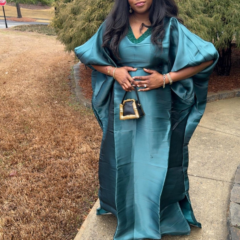 Achalugo Boubou Kaftan | Luxury Silk African Maxi Dress, Embellished Neckline