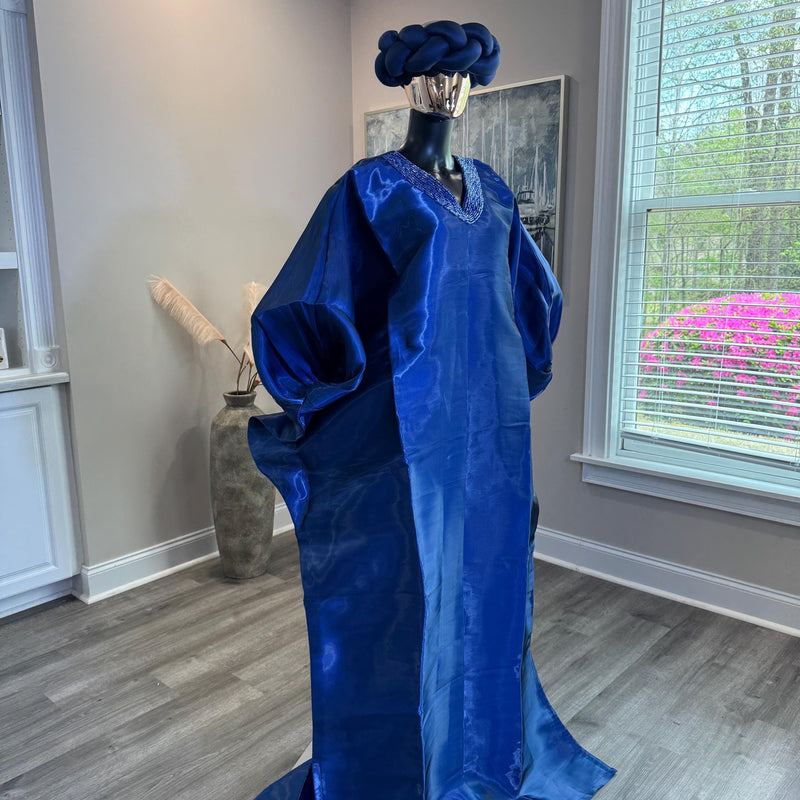Achalugo Boubou Kaftan | Luxury Silk African Maxi Dress, Embellished Neckline